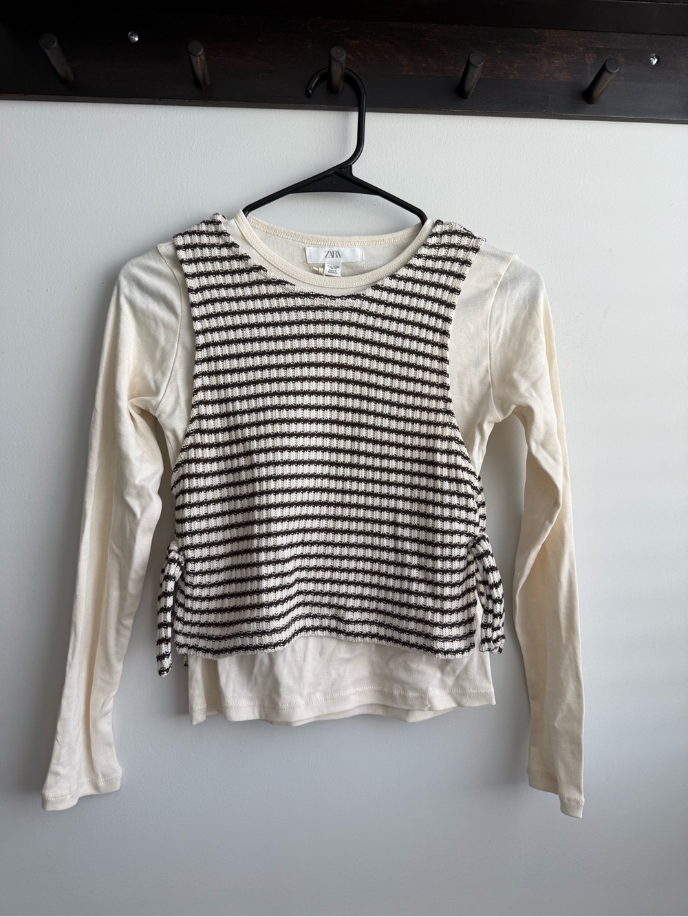 Zara Girls Cream Long Sleeve Top with Black Knit Striped Overlay